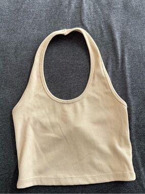 Ribbed Halter Crop Tank Top - Beige